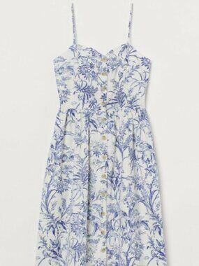 H&M Blue and White Floral Bird Linen-Blend Midi Dress
